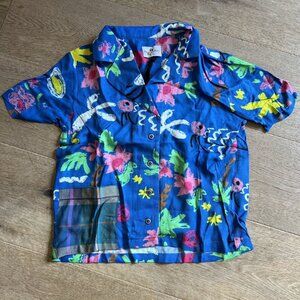 Raspberry Plum Graphic Printed Blue Button Down Shirt Top ..